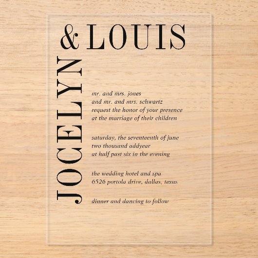 Jocelyn Zwart en Wit Modern Wedding Acryl Uitnodigingen (Voorkant)