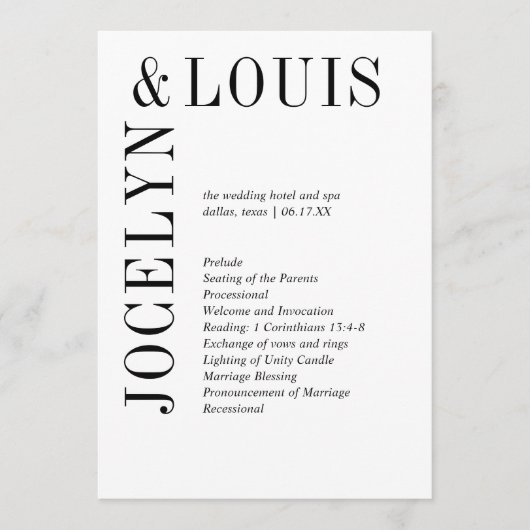 Jocelyn Zwart en Wit Modern Wedding Programmakaart (Voorkant)