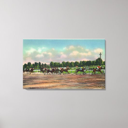 Jockeys Fining Horse Race bij Race Track Canvas Afdruk (Voorkant)