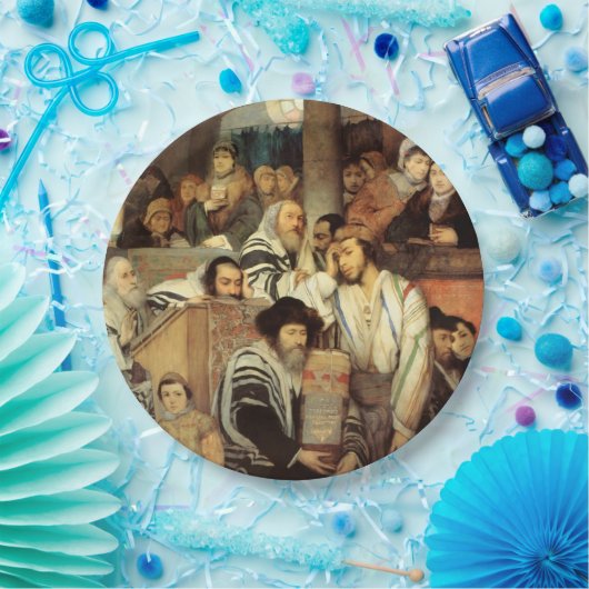 Joden bidden in Synagogue op Yom Kippur Papieren Bordje (Feest)