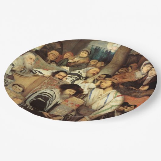 Joden bidden in Synagogue op Yom Kippur Papieren Bordje (Gekanteld)