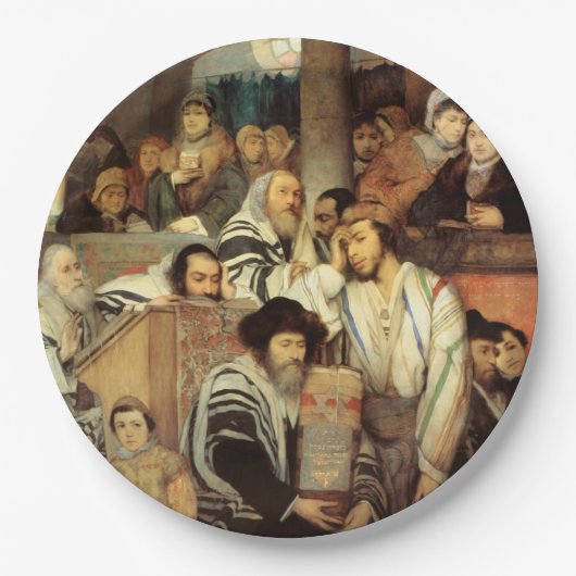 Joden bidden in Synagogue op Yom Kippur Papieren Bordje (Voorkant)