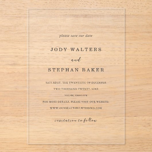 Jody Simple Elegant Wedding Save the Date Acryl Uitnodigingen (Voorkant)