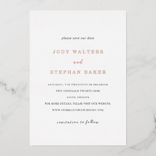 Jody Simple Elegant Wedding Save the Date Folie Uitnodiging (Voorkant)