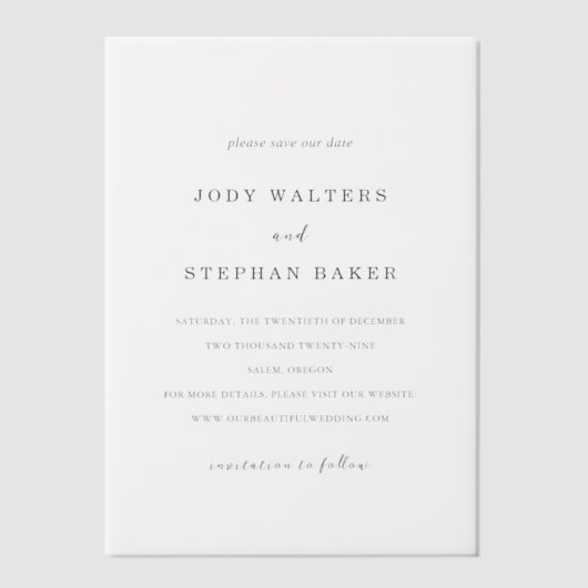 Jody Simple Elegant Wedding Save the Date Vellum Uitnodigingen (Voorkant)