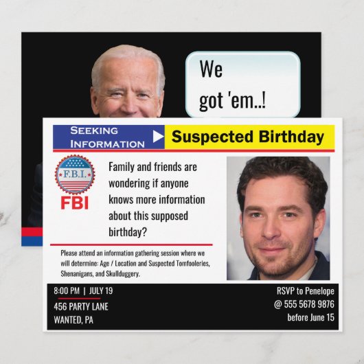 Joe Biden Birthday Bash: Verdacht info Gewenst Kaart (Voorkant / Achterkant)