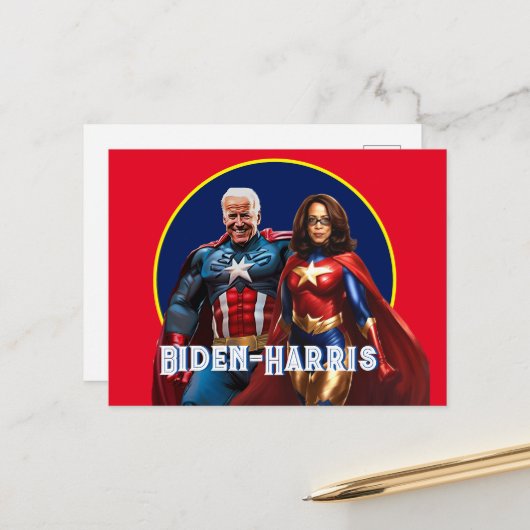Joe Biden en Kamala Harris als superhelden Briefkaart (Voorkant / Achterkant in situ)