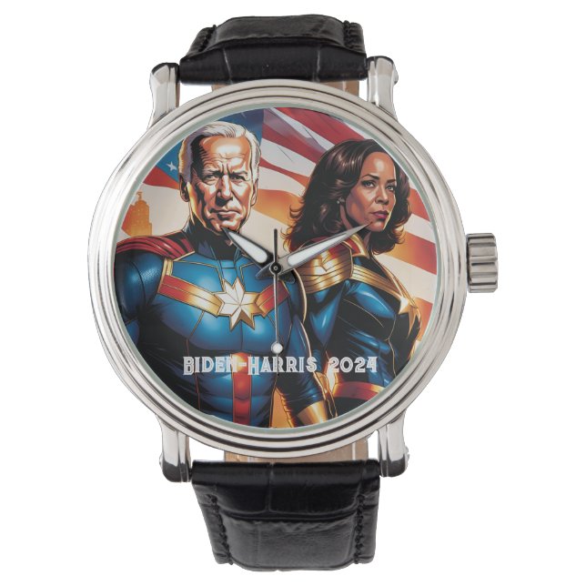 Joe Biden en Kamala Harris als superhelden Horloge (Voorkant)