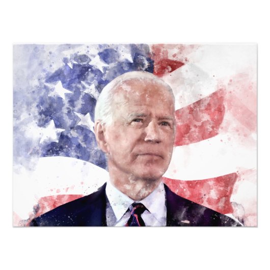 Joe Biden portret waterverf met Amerikaanse vlag Foto Afdruk (Voorkant)