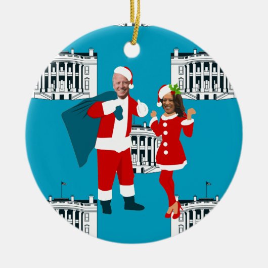 joe biden santa kamala harris blauw wit huis keramisch ornament (Voorkant)
