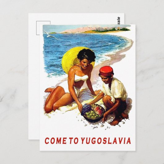 Joegoslavië, vrouw op het strand met fruitverkoper briefkaart (Voorkant / Achterkant)