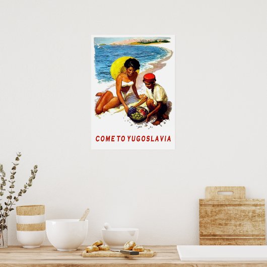 Joegoslavië, vrouw op het strand met fruitverkoper poster (Keuken)