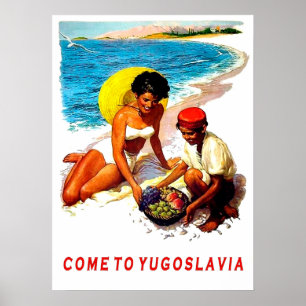 Joegoslavië, vrouw op het strand met fruitverkoper poster