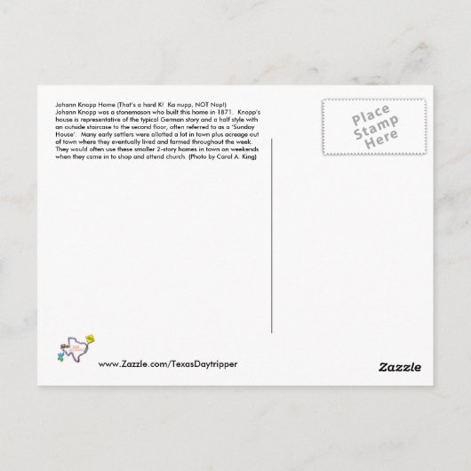 Johann Knopp Home, Fredericksburg, TX Briefkaart (Achterkant)