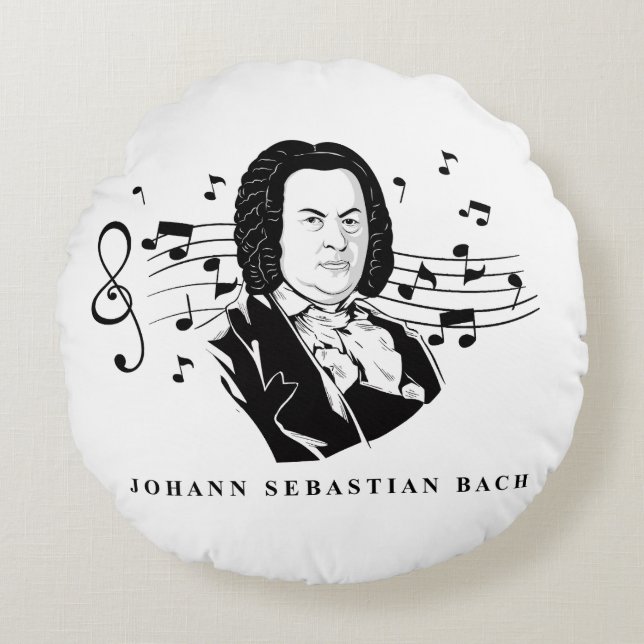 Johann Sebastian Bach Portrait en Bust met notitie Rond Kussen (Voorkant)