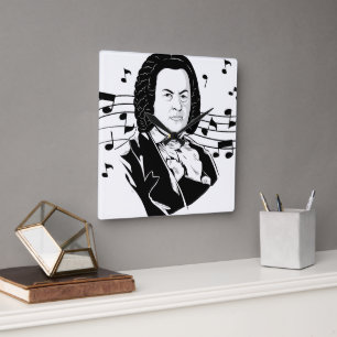 Johann Sebastian Bach Portrait en Bust met notitie Vierkante Klok