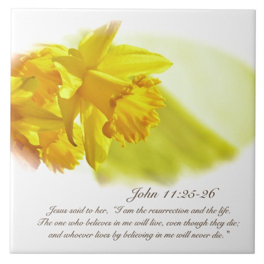 Johannes 11:25-26, Pasen, Lente gele narcissen Tegeltje (Voorkant)