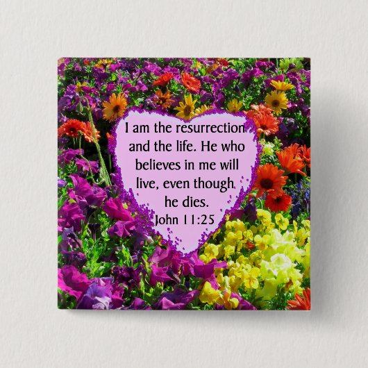JOHANNES 11:25 PAARSE WILDE BLOEMEN VIERKANTE BUTTON 5,1 CM (Voorkant)