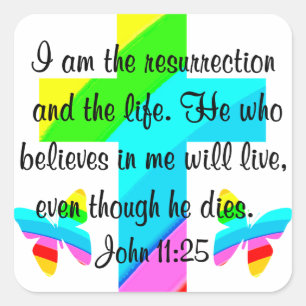  JOHANNES 11:25 REGENBOGEN EN VLINDERS VIERKANTE STICKER
