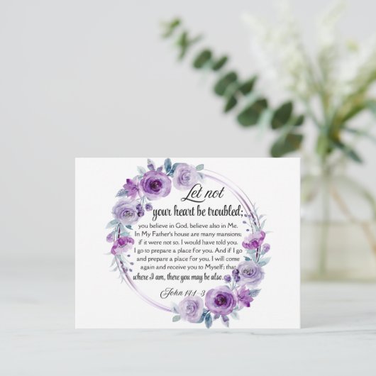 Johannes 14:1-3 Bijbelvers Paarse bloem Briefkaart (Staand voorkant)