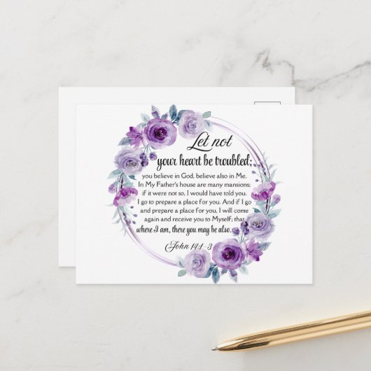 Johannes 14:1-3 Bijbelvers Paarse bloem Briefkaart (Voorkant / Achterkant in situ)