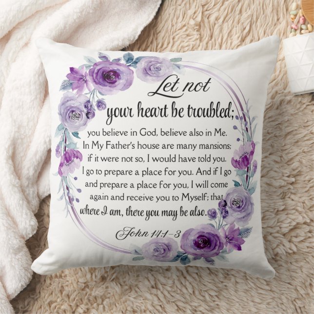 Johannes 14:1-3 Bijbelvers Paarse bloem Kussen (Deken)