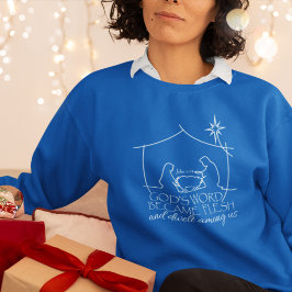 Johannes 1:14 Kerstmis Geboorte Schrift Blauw Trui