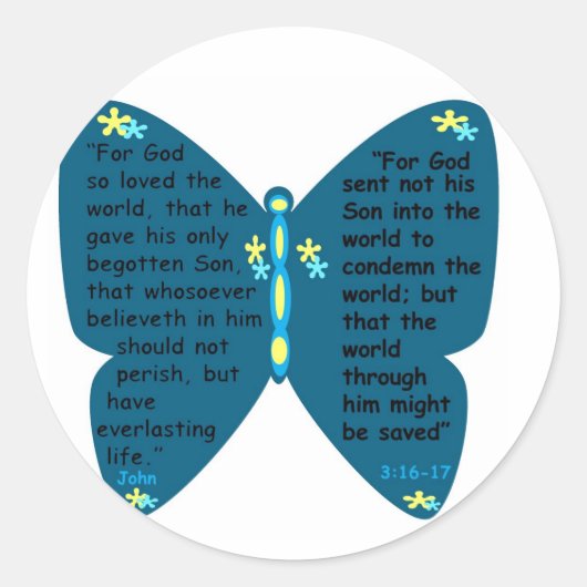Johannes 3: 16- 17 vlinderblauwe stickers (Voorkant)