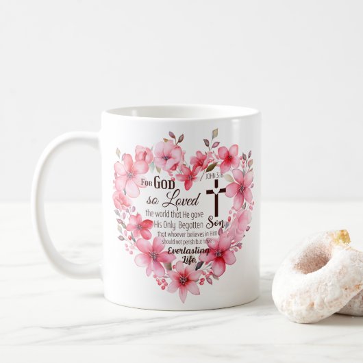 Johannes 3:16 Bloemhart Bijbelvers Koffiemok (Met donut)