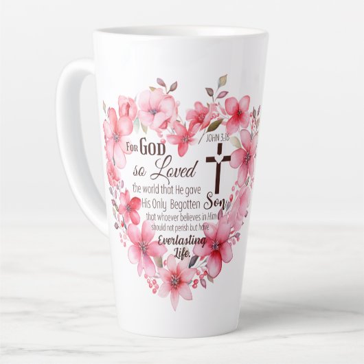 Johannes 3:16 Bloemhart Bijbelvers Latte Mok (Linkerhoek)