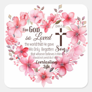 Johannes 3:16 Bloemhart Bijbelvers Vierkante Sticker