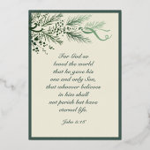 Johannes 3:16 Elegant Modern groen Foto Kerstmis Folie Feestdagenkaart (Achterkant)