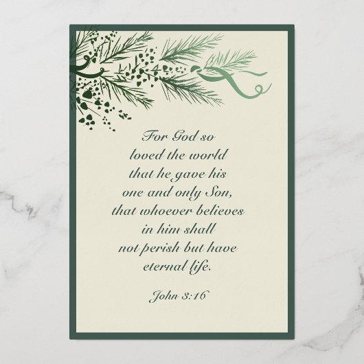 Johannes 3:16 Elegant Modern groen Foto Kerstmis Folie Feestdagenkaart (Achterkant)
