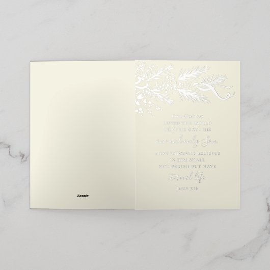 Johannes 3:16 Elegant Modern Pine Christelijk Kers Folie Feestdagenkaart (Buiten Laag)