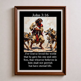 Johannes 3:16 Goede Herder Beschermt Lam tegen Wol Poster
