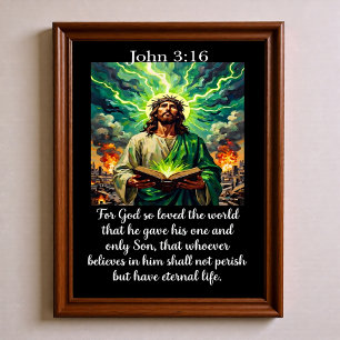 Johannes 3:16 Jezus Glanzende Heilige Bijbel Brand Poster