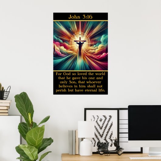 Johannes 3:16 Jezus in stralend licht en wolken Poster (Thuiskantoor)