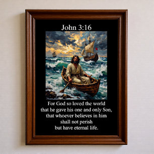 Johannes 3:16 Jezus Roeit Houten Boot Stormachtige Poster