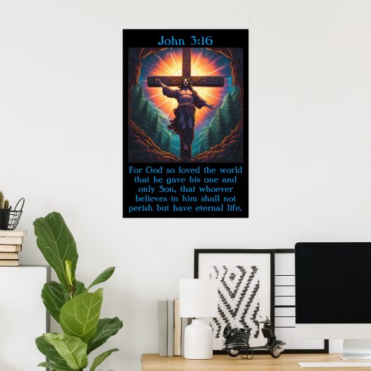 Johannes 3:16 met Jezus aan het kruis Poster (Thuiskantoor)