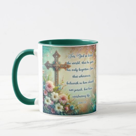 Johannes 3:16 Schrift Cross Bloemen Christelijk Mok (Links)
