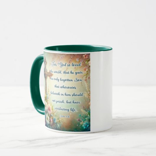 Johannes 3:16 Schrift Cross Bloemen Christelijk Mok (Voorkant links)