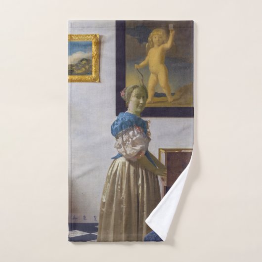Johannes Vermeer - Dame die bij een maagdenvaag st Bad Handdoek (Handdoek)