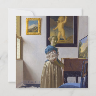 Johannes Vermeer - Dame die bij een maagdenvaag st Bedankkaart