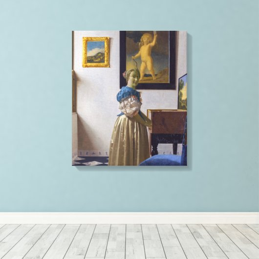 Johannes Vermeer - Dame die bij een maagdenvaag st Canvas Afdruk (Insitu (Houten vloer))