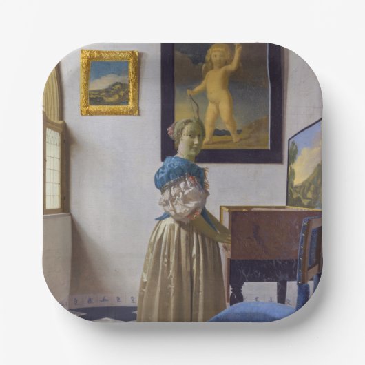 Johannes Vermeer - Dame die bij een maagdenvaag st Papieren Bordje (Voorkant)