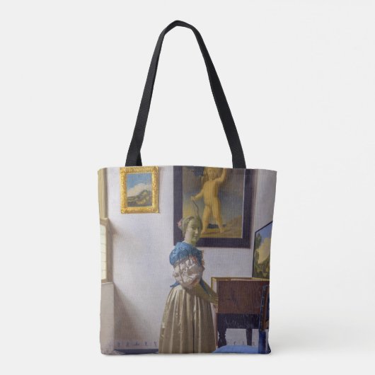 Johannes Vermeer - Dame die bij een maagdenvaag st Tote Bag (Achterkant)