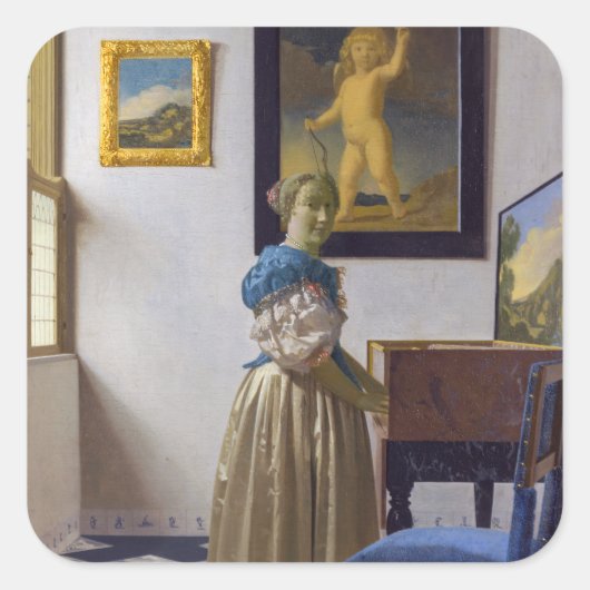 Johannes Vermeer - Dame die bij een maagdenvaag st Vierkante Sticker (Voorkant)