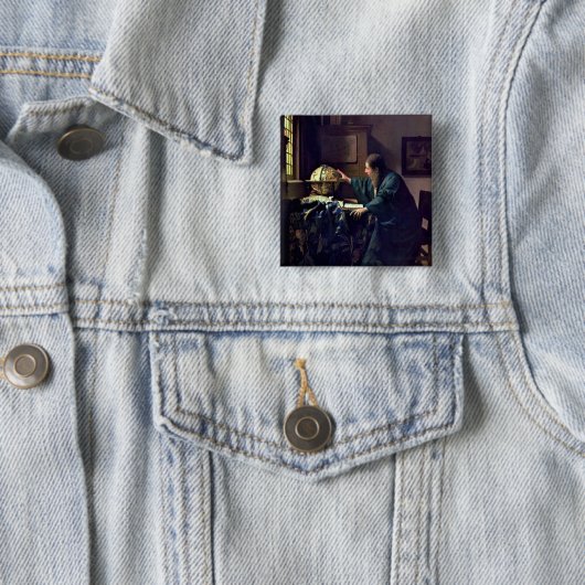 Johannes Vermeer - De Astronomer Vierkante Button 5,1 Cm (In situ)