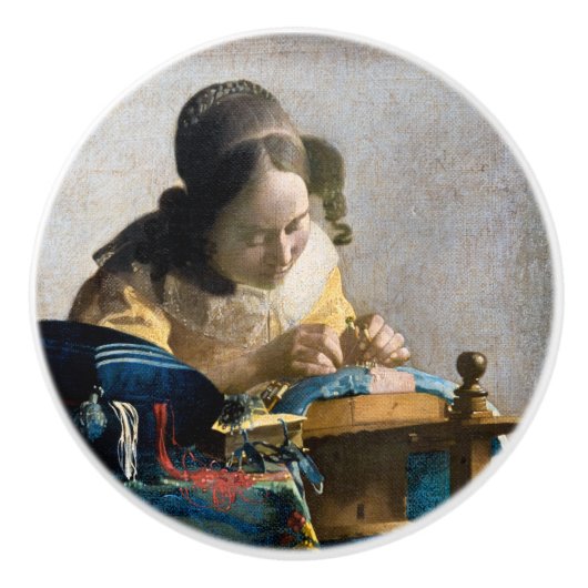 Johannes Vermeer - De Kantwerkster Keramische Knop (Voorkant)