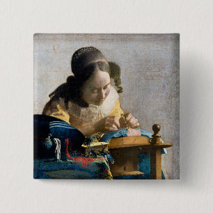 Johannes Vermeer - De Lacemaker Vierkante Button 5,1 Cm